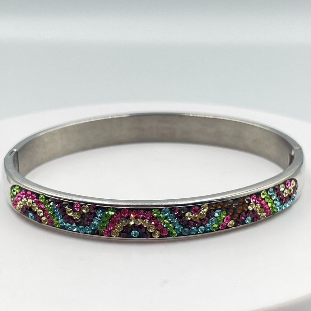 Vintage Y2K Multi Color Rhinestone Silver Tone Hinged Bangle Bracelet Classic